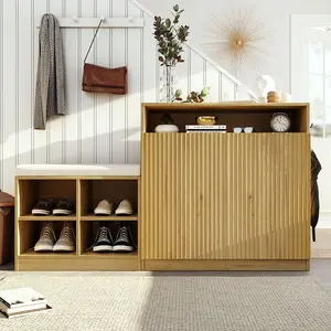 Livingroom Cabinet with Shoe Bench, 2 Doors and 3-Tier Adjustable Shelves, Entryway Bench with 4 Open Shoe Racks and Removeble Cushion, Storage Console Table with Wavy Slatted Door and Hooks