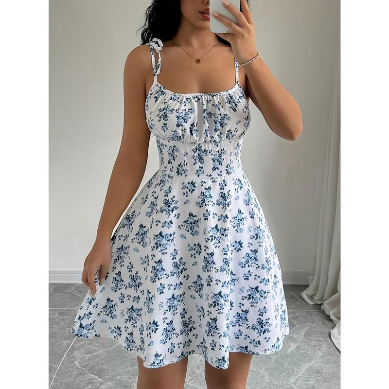 Elegant Off-Shoulder Floral Print Dress with Lace-Up Detail and Ruffle Hem - Light Blue & White, Spring/Summer Women'S Fashion, Ruffled Hem Detail, Cinched Waist, Adult Sizes