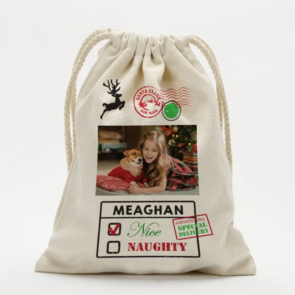 Photo Custom Naughty & Nice Christmas Drawstring Sack