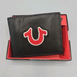 True Religion Men's Black Genuine Leather Wallet with Red Logo, RFID Blocking Compact Bifold Design for Everyday Use