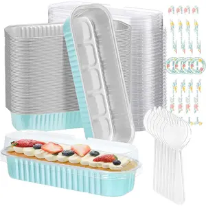 PLL 100 Pack Mini Cake Pans with Lids and Spoons,6.8oz Mini Loaf Pans with Lids Cake Tins Rectangular Aluminum Foil Baking Pans with Sealing Sticker Cheesecake Containers