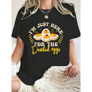 I'm Just Here For The Deviled Eggs Graphic Tee - Women's Casual 180g Black Cotton Crew Neck Short Sleeve T-Shirt with Fun Foodie Print - Perfect Egg-Lover Gift, Soft & Stylish Comfortable Top
