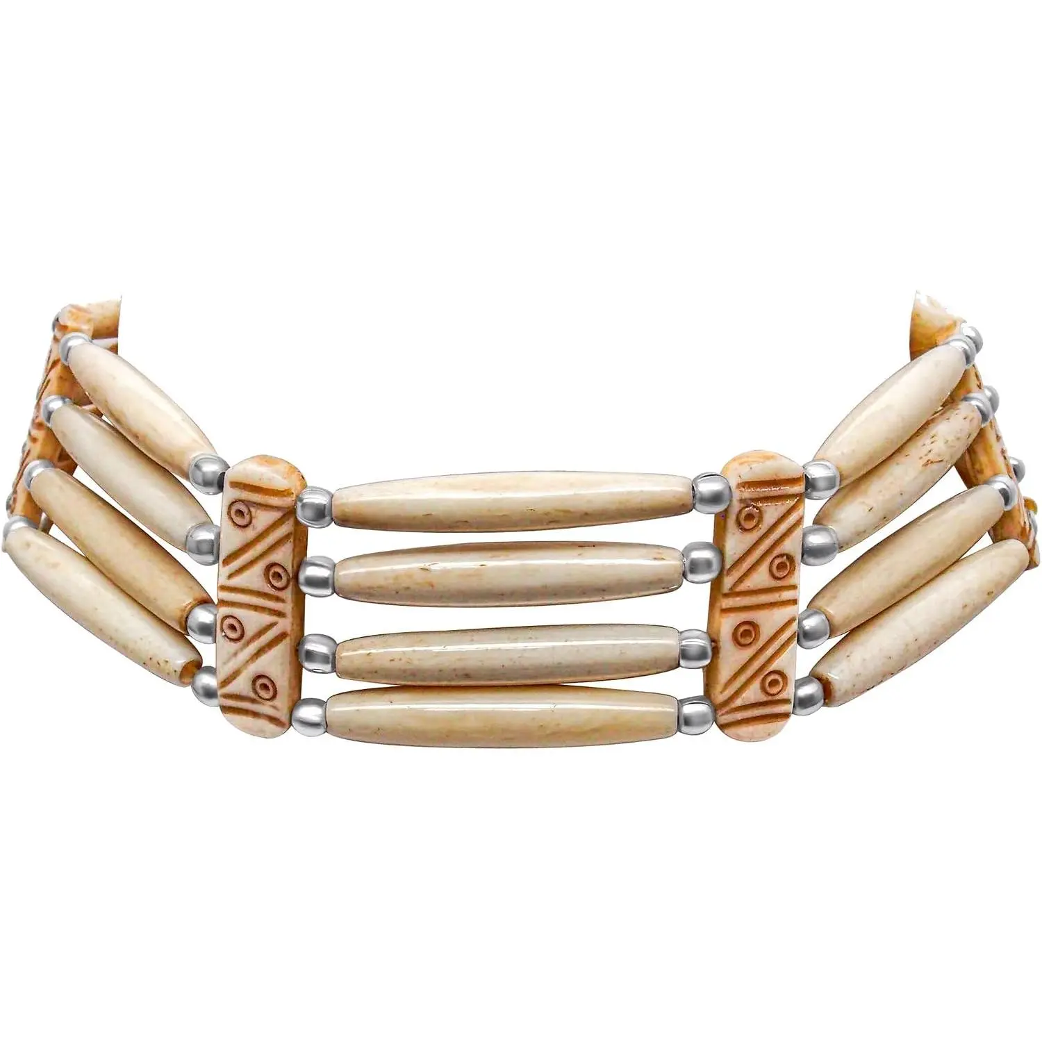 outROAR Gear American Indian Style Bone Choker Necklace, 4 Row Beige Traditional Hairpipe Beads, Unisex Adjustable