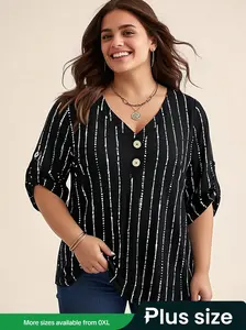 Autumn Winter New Arrival Plus Size Oversized Fit Women's V Neck Wrinkled Button Printed Long Sleeve T-Shirt Top, Casual Fashion Clothing