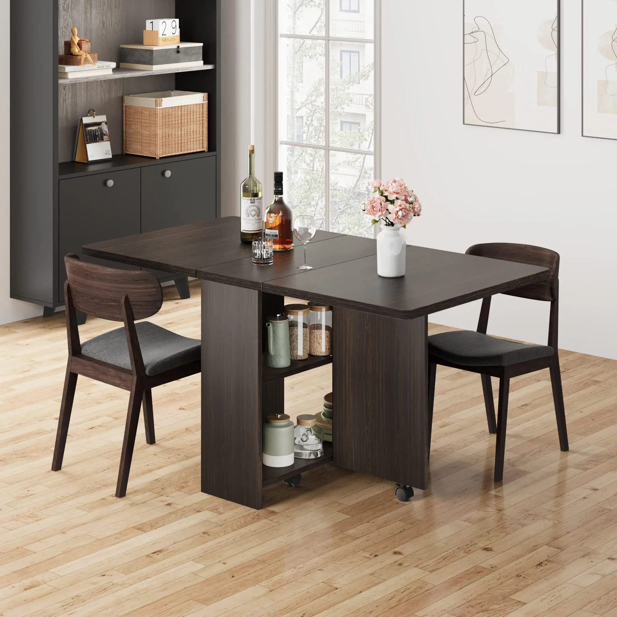 Foldable Drop-Leaf Dining Table for 4 with Storage Shelves & 6-Wheel Mobility, Space Saving Kitchen Table for Small Spaces,Compact Kitchens