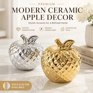 Ceramic Apple Ornaments - Gold, Silver Faceted Diamond Texture Figurines, Modern Tabletop Shelf Decor for Living Room, Office Desk, Housewarming Gift