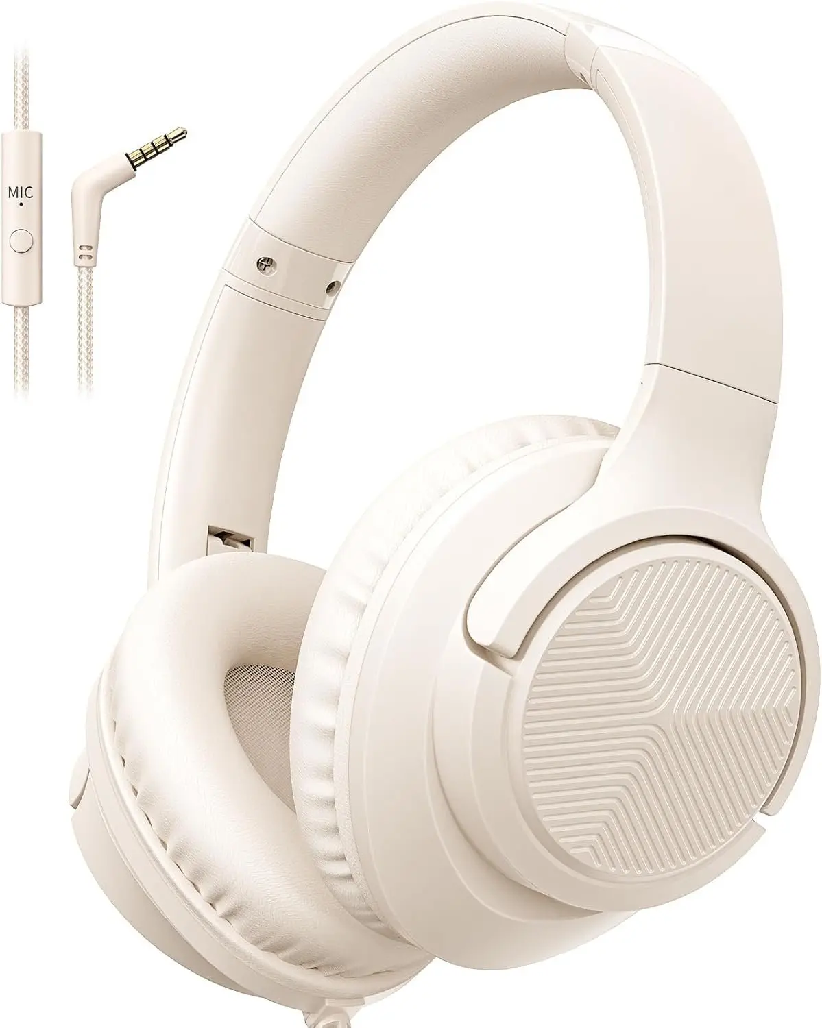Wired Over-Ear Headphones with Built-in Mic - 3.5 mm Jack, Adjustable, 4.9ft Tangle-Free Nylon Cord, Audio Button Control, Foldable for Device Commuting, Tablet, Laptop (Beige)