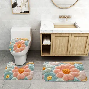 3-Piece Floral Bathroom Rug Set, Soft Flannel Bath Mats for Toilet Lid Cover & U-Shaped Mat, Absorbent Floor Rugs for Home Decor, Bathroom Decorative Mat
