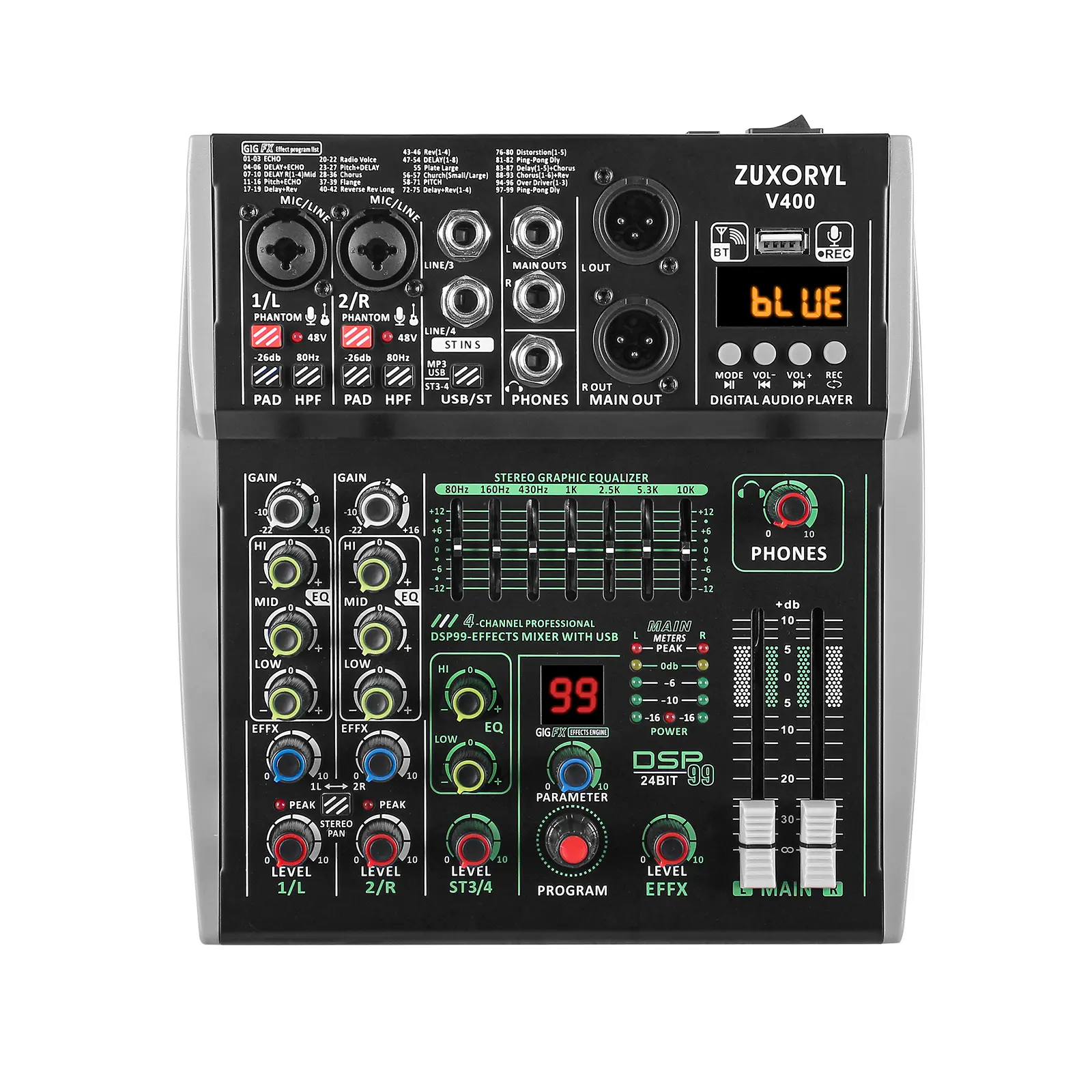 4-6 Channel Audio Mixer with 99 DSP Sound Effects, Bluetooth+USB Connectivity, 48V Phantom Power, 7-Band EQ for Streamers, Live Streaming, Audio Recording Equipment