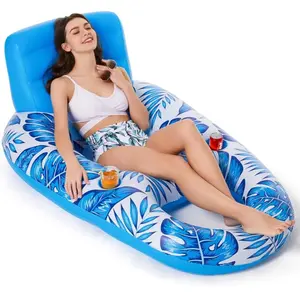 Inflatable pool float with 2 cup holders and an adjustable stable pillow.