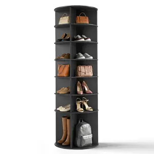 7-Tier 360° Rotating Wood-Plastic Composite Shoe Rack 60x60x184cm Black High-Capacity Storage for Entryways Closets and Small Spaces