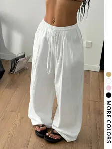 Women's Linen Lightweight Beach Pants with Front Tie, Elegant Spring Summer Casual Fitted Trousers, Perfect for Parties Camping Travel Fashion