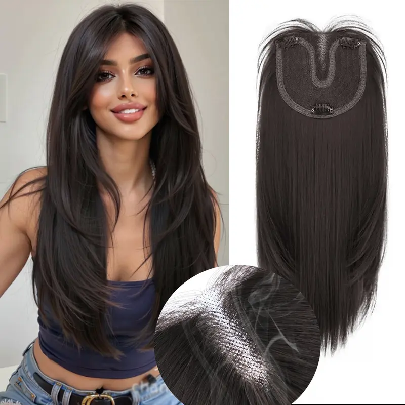 Female Silky Straight Highlighted Heat-Resistant Clip-In Synthetic Hair Topper, 16-22in Length, 6inx5.5in Base, Fluffy Layers, Top Coverage, 18+ Years Daily Wear Fashion Accessory