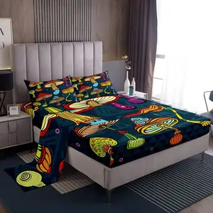 Cute Mushrooms Sheet Set,All Season Sheets with Deep Pocket Fitted Sheet,Botanical Bed Sheet Set,Natural Wild Fungus  House Decor Bedding Set