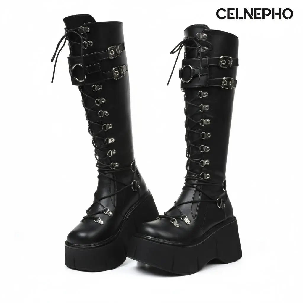 CELNEPHO Womens Platform Knee High Boots Round Toe Chunky High Heel Lace up Design Back Zipper Closure Metalic Buckle Easy Pull on Goth Combat Platform Booties Daily Wear Motorcycle Punk Boots Cosplay Music Festival Fashion Dress Shoes