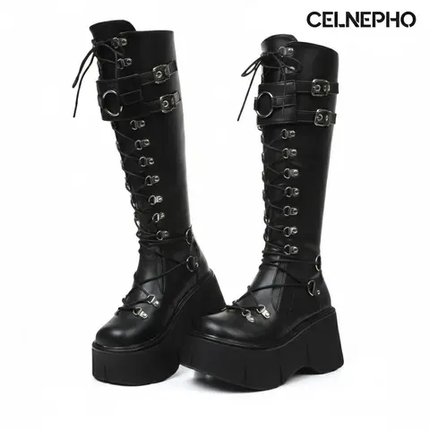 CELNEPHO Platform Knee High Boots for Women Round Toe Chunky High Heel Lace up Design Back Zipper Closure Metalic Buckle Easy Pull on Goth Combat Punk Boot Daily Wear Motorcycle Cosplay Music Festival Casual Party Date Fashion Fall Dress Shoes