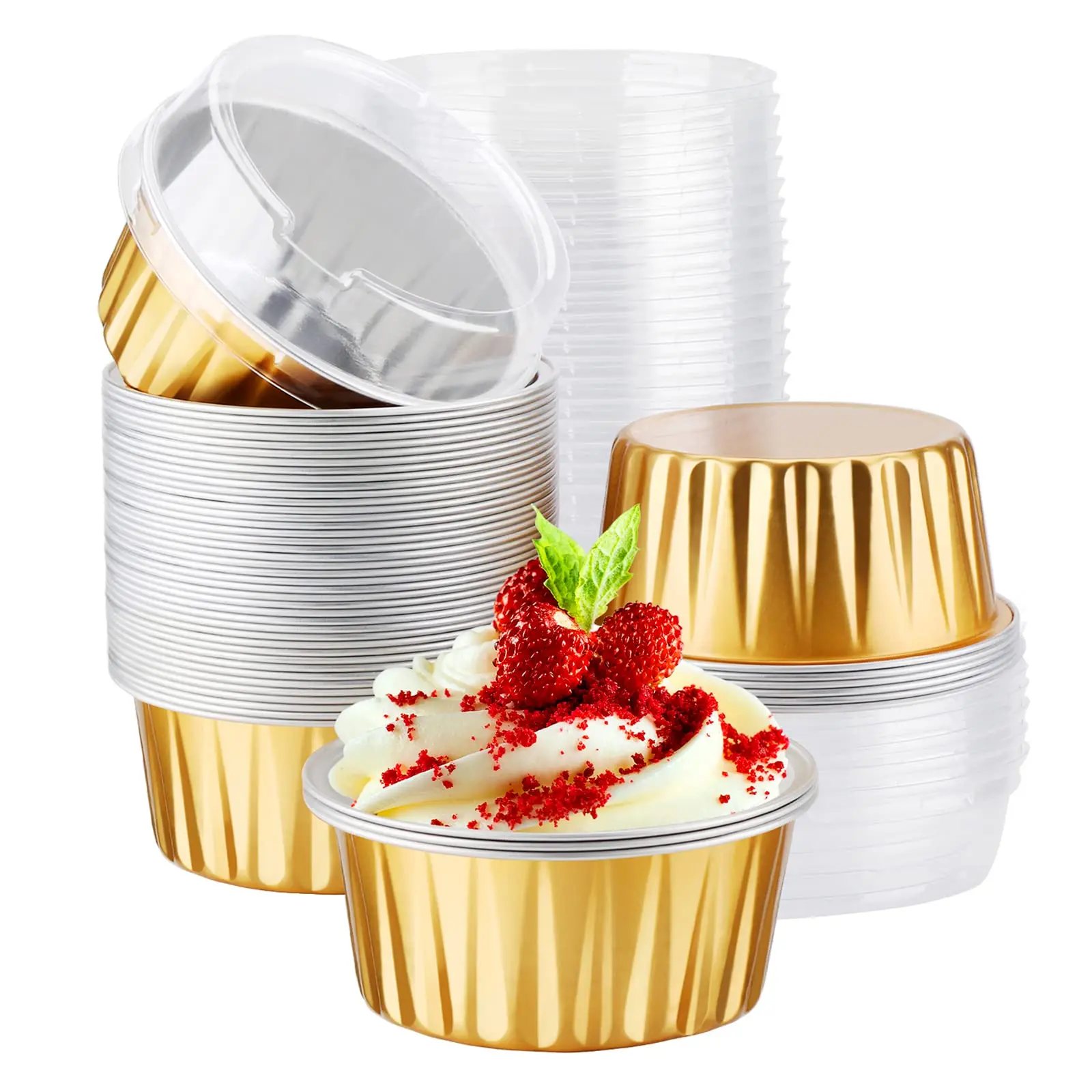 Sturdy 50 Pcs 5oz Gold Disposable Mini Aluminum Foil Ramekins Bakeware with Waterproof Lids, Oven-Safe Baking Dishes, Reusable Cups for Creme Brulee, Party Favors, Fast Heat Transfer, Birthday