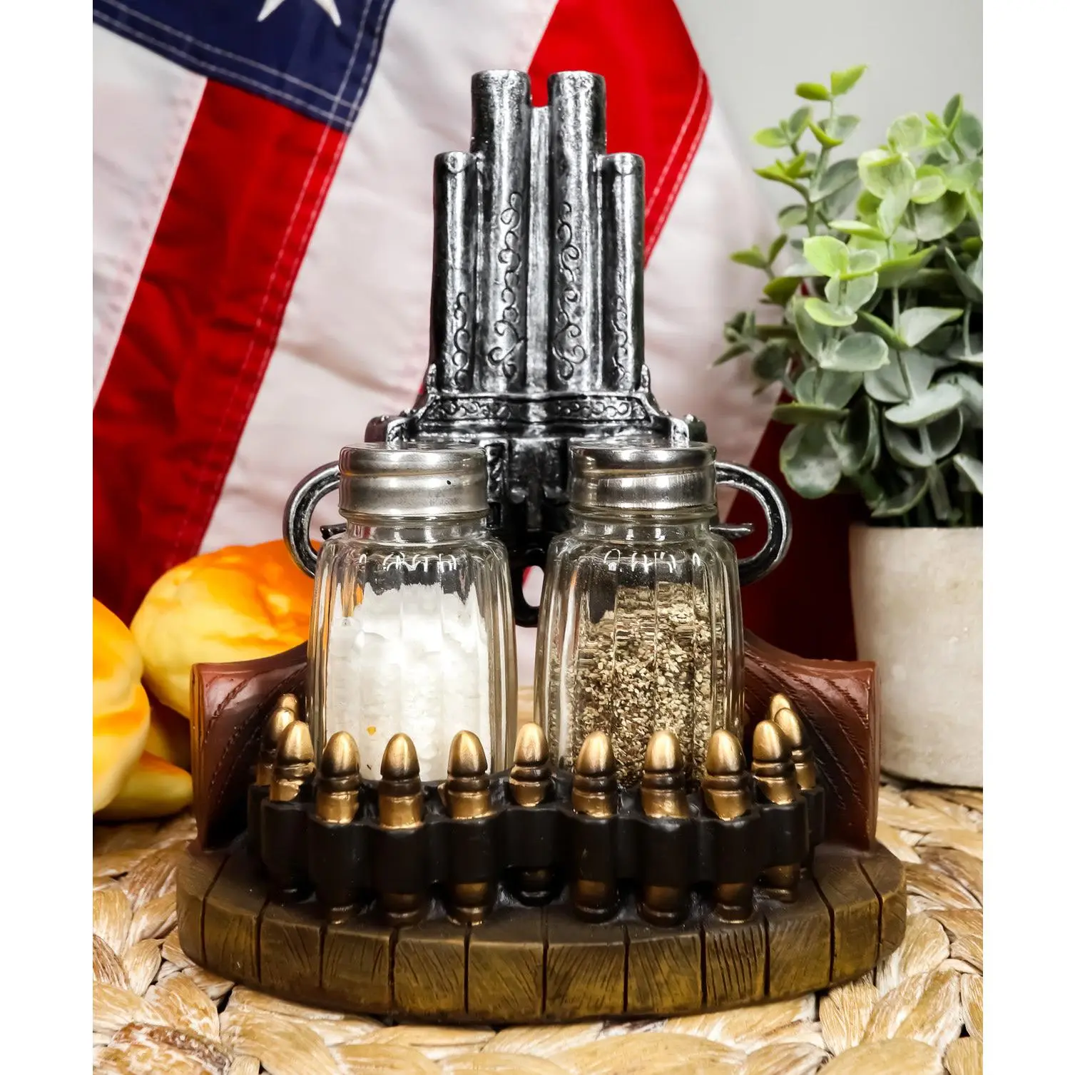 Ebros Western 6-Shooter Revolver & Bullet Rounds Salt and Pepper Shaker Set - Kitchen Seasoning Utensils for Birthday Gifting