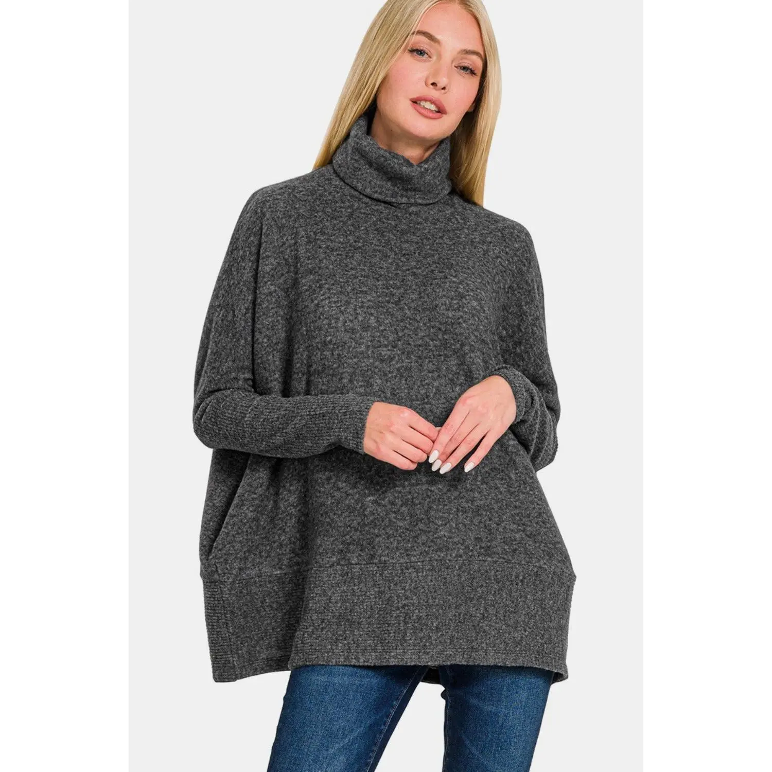 Fast Shipping🇺🇸 Zenana Full Size Brushed Melange Hacci Turtleneck Sweater