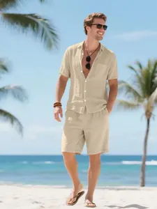 Two-Piece Set Men's Solid Linen Shirt & Shorts Set, Loose Casual Breathable Short Sleeve Button Up Top & Shorts, Men's Two-piece Outfits for Beach Vacation, Clothes, Menswear