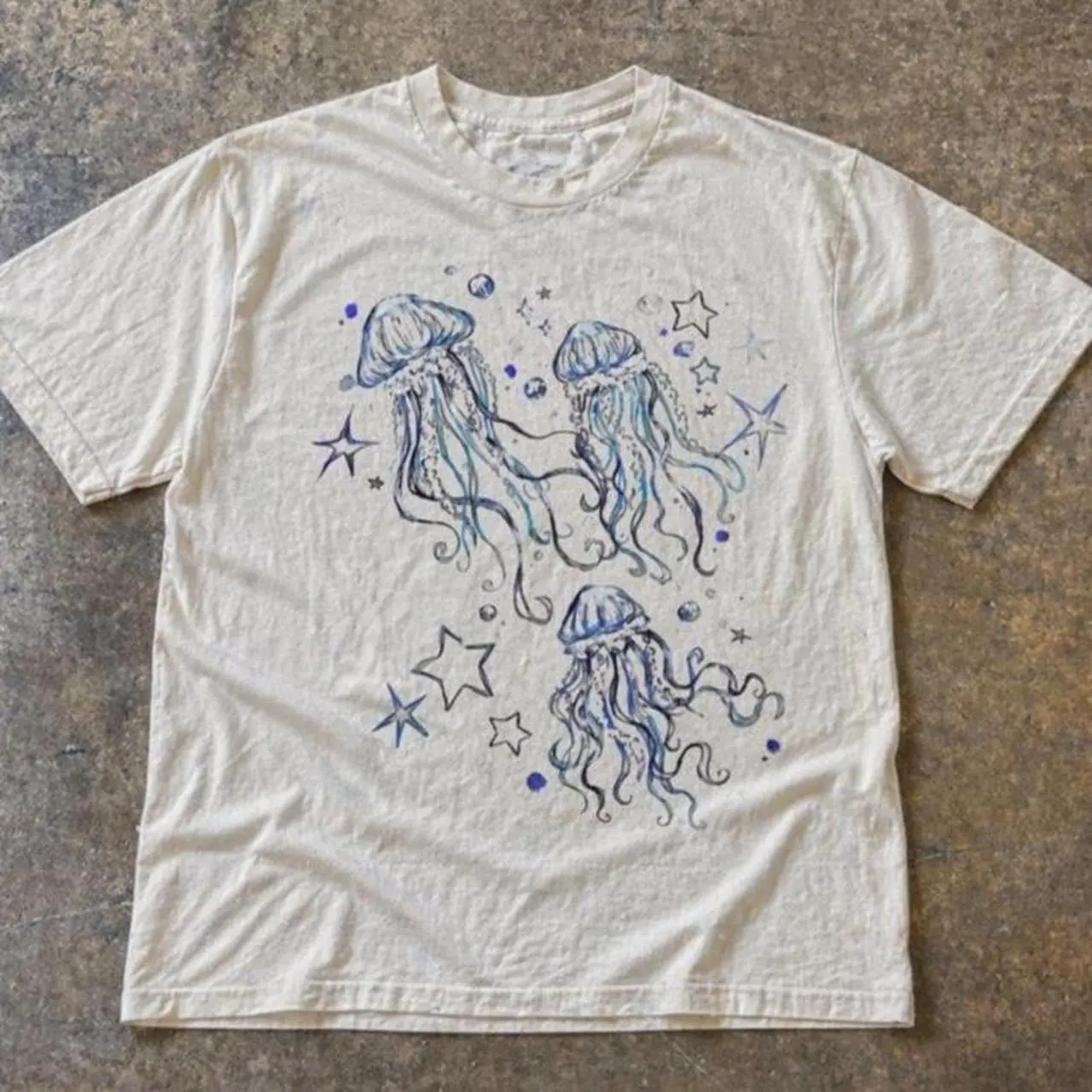 Celestial Jellyfish Babytee Vintage Jellyfish Celestial Stars Graphic Tee, Retro Marine Life Cream Shirt, Loose Fit Unisex Top