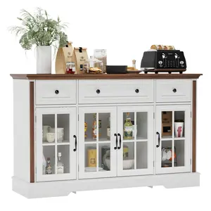 NIVISRE 53.5-in Farmhouse Modern Sideboard, 4-Door 3-Drawer Coffee Bar Cabinet with Glass Doors, Adjustable Shelves & Storage Space, White, for Kitchens & Dining Rooms