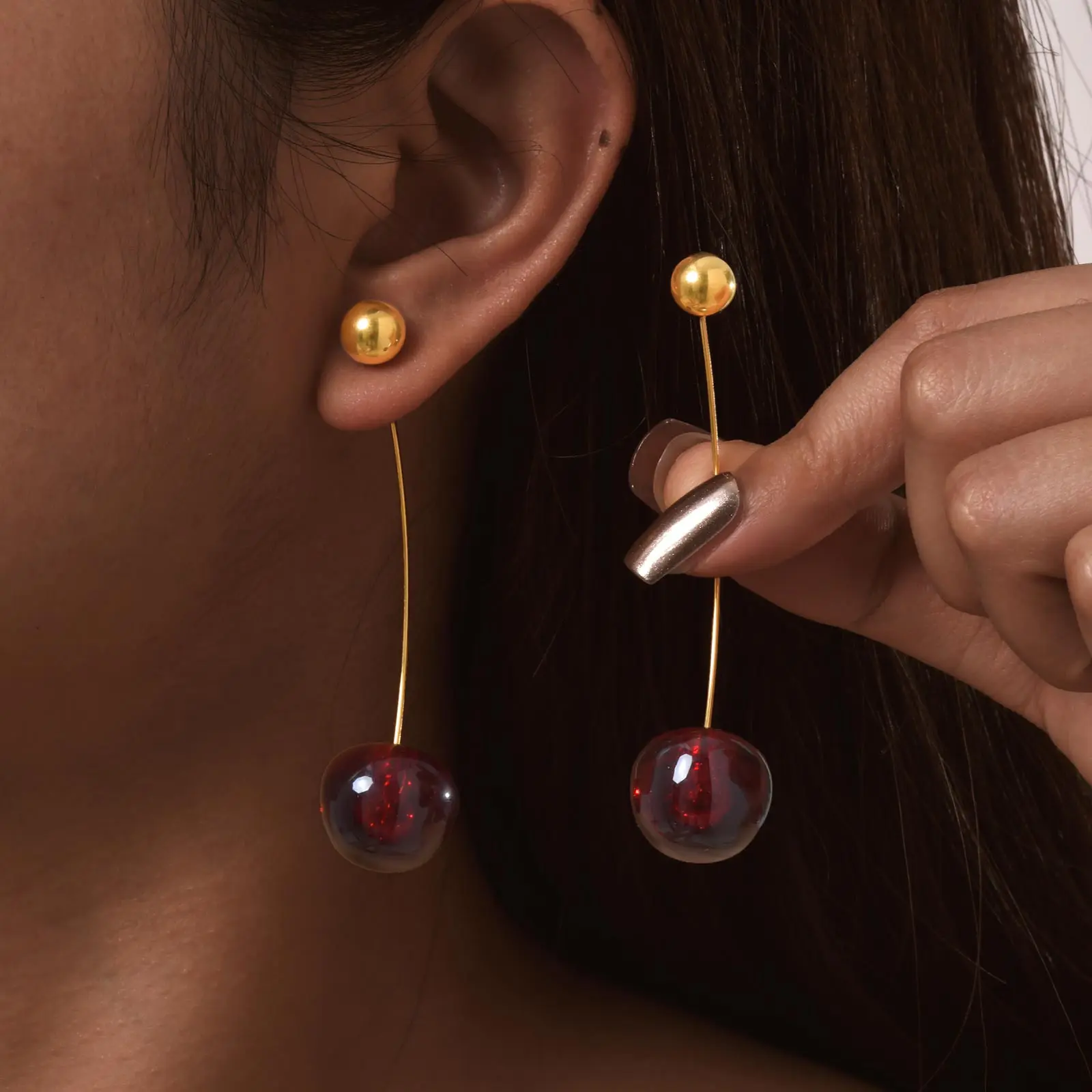 VNOX Niche Cherry Drop Earrings Mothers day gifts ideas Gold Plated Long Chain Ear threader ,Hypoallergenic Stainless Steel Ear Jewelry ,Fashionable Outfit Accessory for Women  jewelry geometric stud
