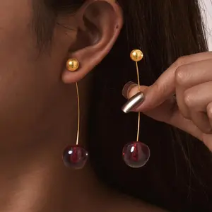 VNOX Niche Cherry Drop Earrings Gold Plated Long Chain Ear threader ,Hypoallergenic Stainless Steel Ear Jewelry ,Fashionable Outfit Accessory for Women  jewelry geometric stud