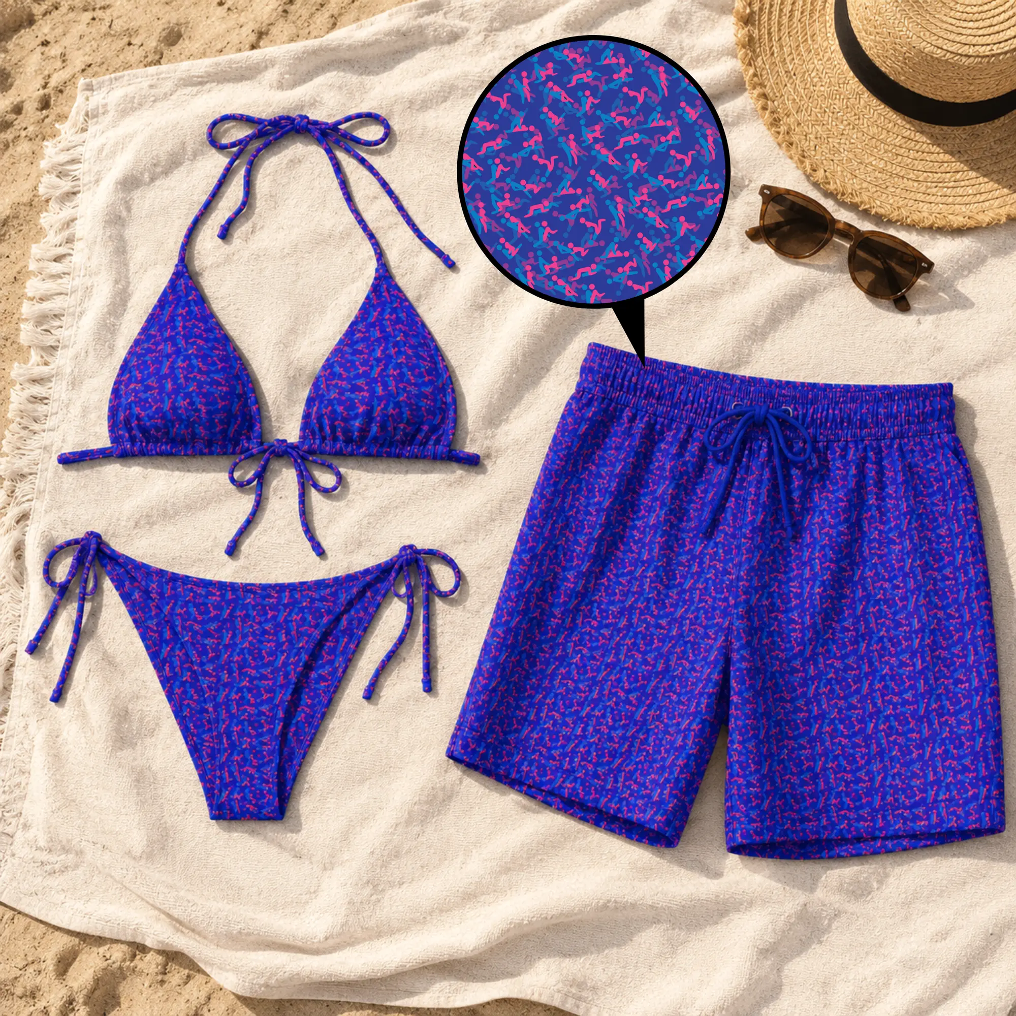 Blue Pink Matching Couple Swimwear Set, Abstract Pattern String Bikini & Men’s Swim Shorts, His and Hers Beach Vacation Outfit, Summer Gift