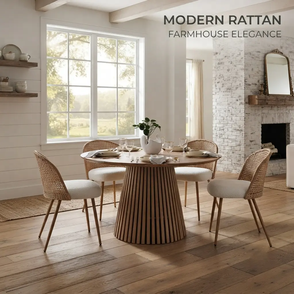 Set of 4 Wicker Dining Chairs with Soft Sponge Cushion, Modern Bohemian Rattan Kitchen Chairs with Sturdy Iron Legs, Farmhouse Style Seating for Dining Room