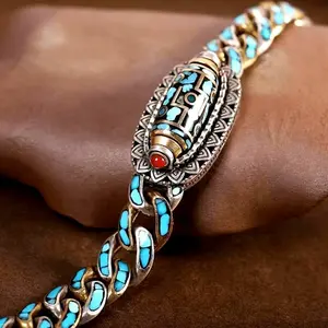 Men's Luxury Turquoise & Silvery-Plated Copper Bracelet - Punk Rock Style, Non-Magneticmen's accessoriescharm bracelets
