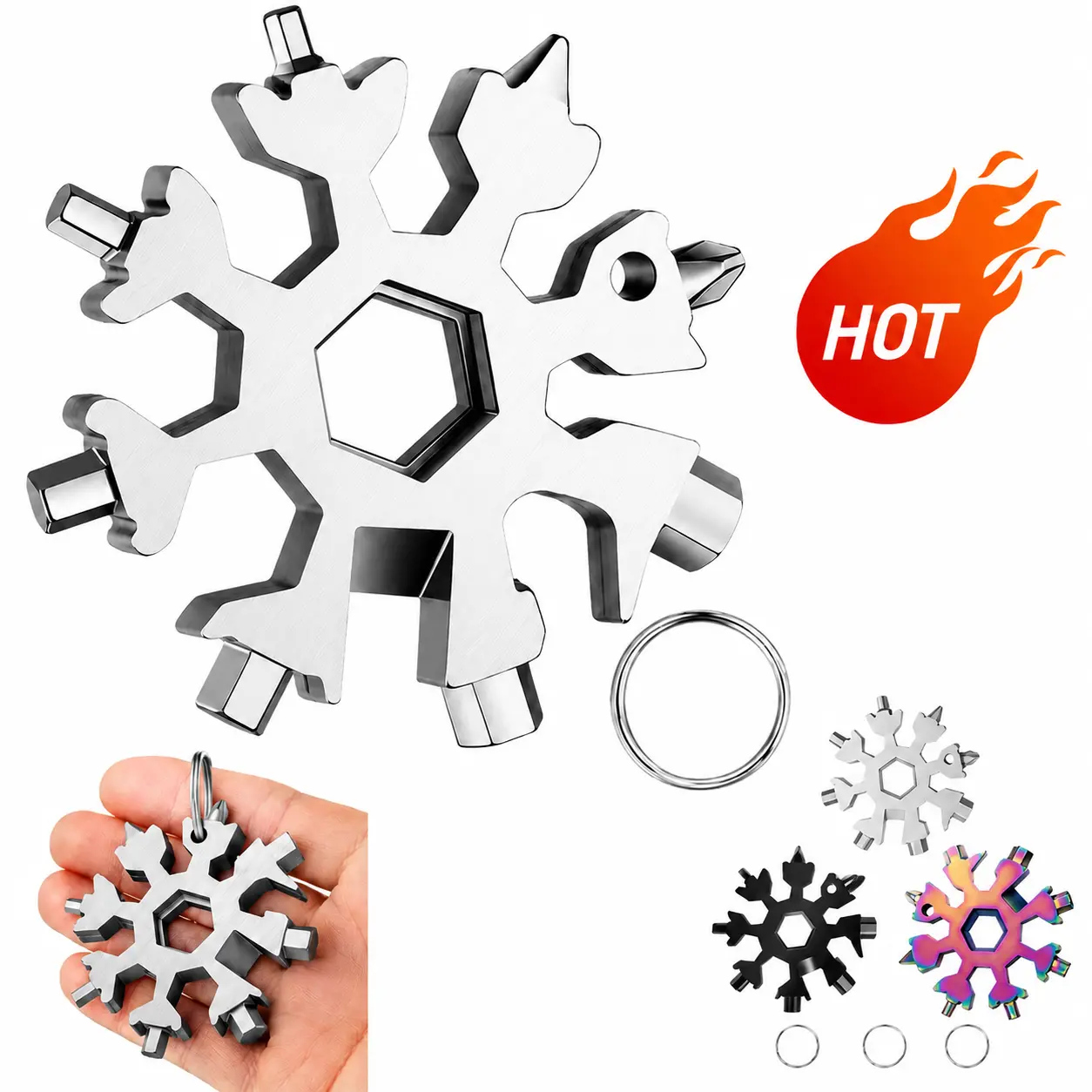 18-in-1 Snowflake Multitool, Stainless Steel Hand Tool with Bottle Opener, Flat/Phillips Screwdrivers & Wrenches, Male Birthday Gifts & Stocking Stuffers (Standard-Stainless Steel)