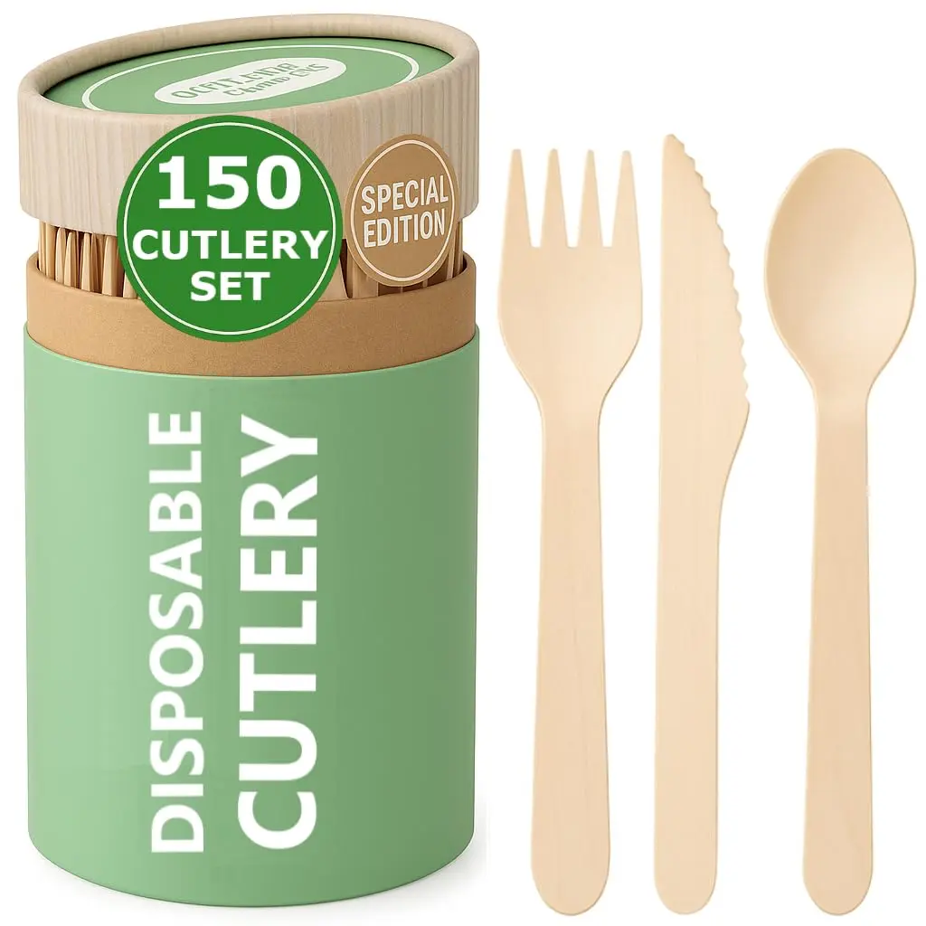 (150 Pcs) Special Edition Compostable Cutlery Set - Disposable Wooden Alternative To Plastic  Eco Friendly Biodegradable 50 Each Spoons Forks Utensils
