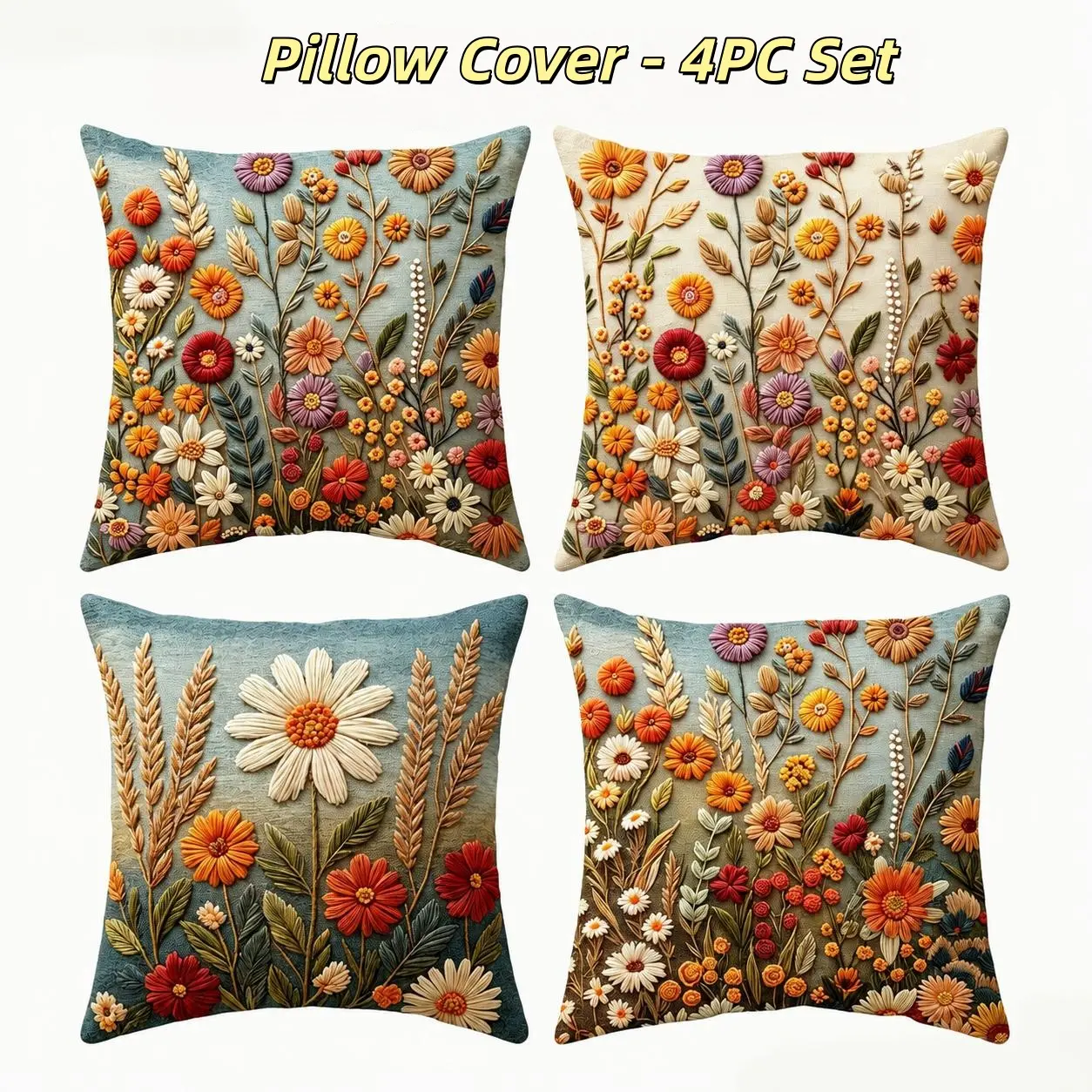 4-Pack 45x45cm Rustic Botanical Embroidery Fall Floral Cushion Covers, Boho Farmhouse Decor for Couch, Bed, Living Room