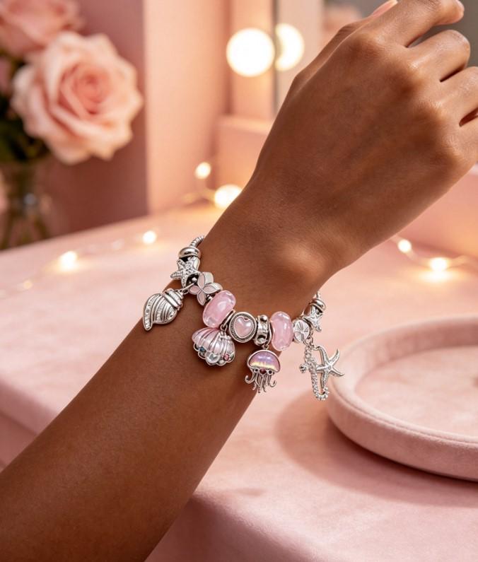 Pink Ocean Sea Themed Charm Bracelet, Silver Snake Chain Bracelet with Jellyfish, Seashell, Starfish, Mermaid Tail Pink Crystal Beads, Adjustable Mermaid Ocean Dangle Charms Bangle Jewelry Gift for Women Girls