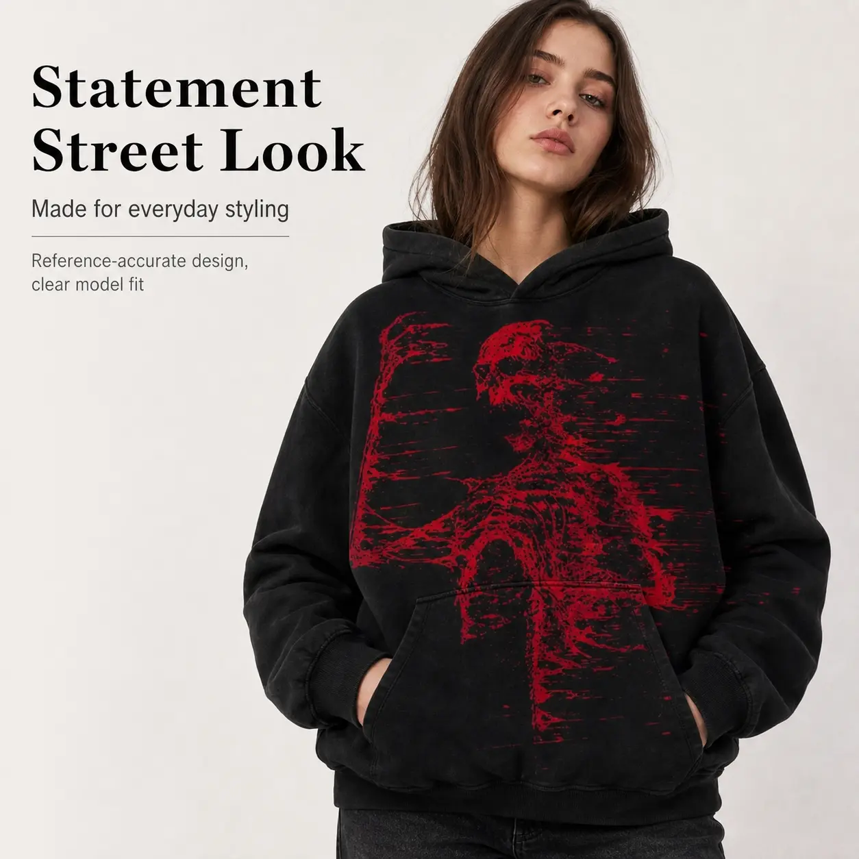 Plus Size Distressed Red Skeleton Graphic Oversized Cropped Pullover Hoodie Long Sleeve Dark Grunge Street Sweatshirt With Front Kangaroo Pocket
