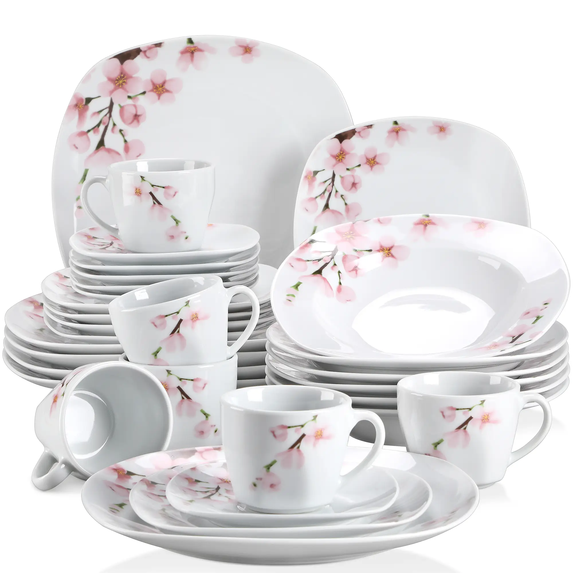 VEWEET Cutlery Series Annie, Porcelain Dinnerware Sets for 4/6, White Tableware Dish Set with Pink Floral, 18/20/24/30 PCS Dinner