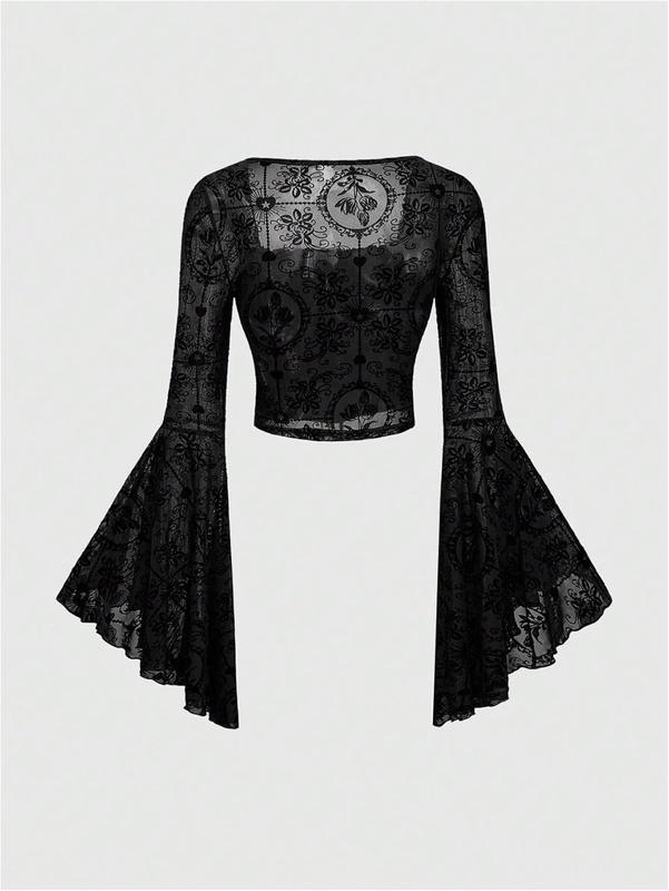 Verdusa Women's Gothic Clothes Flare Sleeve Tops Flower Pattern Velour Cross Lace-up Waist Crop Top Plus Size Double Pull Zipper Bodysuit Unisex Spandex