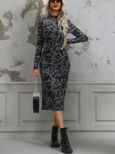 Halloween Dark Gothic Snake Print Long Sleeve Mesh Dress, Fitted, Unlined, Perfect for Halloween Parties, Stylish and Unique Design