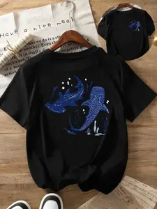 Deep Sea Theme Couple Short Sleeve T-Shirt, Summer Loose Fit Round Neck Top, Whale Shark Print, Unisex Oversized Casual Streetwear, Casual Graphic Tee
