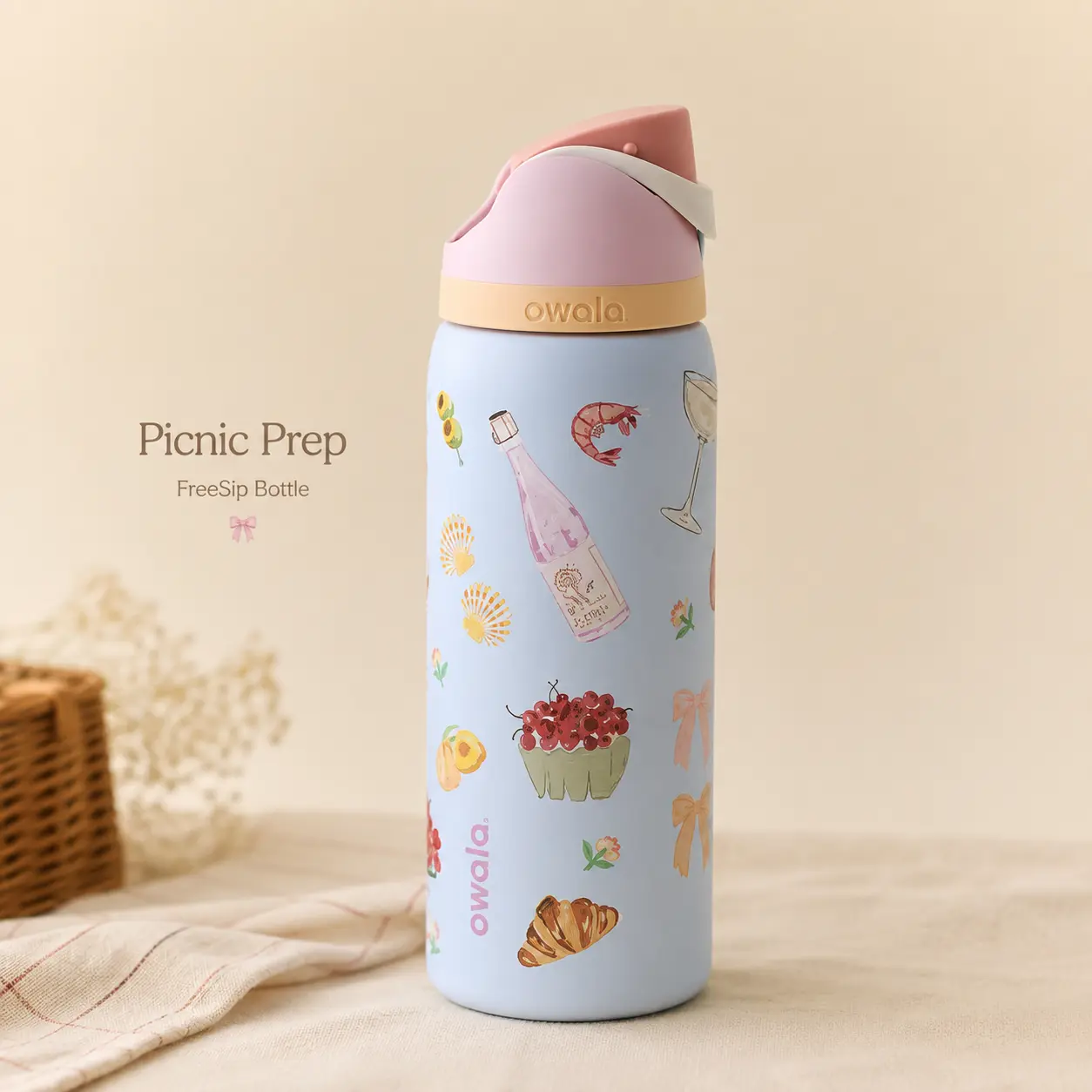 Owala FreeSip 32 oz Insulated Stainless Steel Water Bottle – Picnic Prep Coastal Print with Built-In Straw & Carry Loop