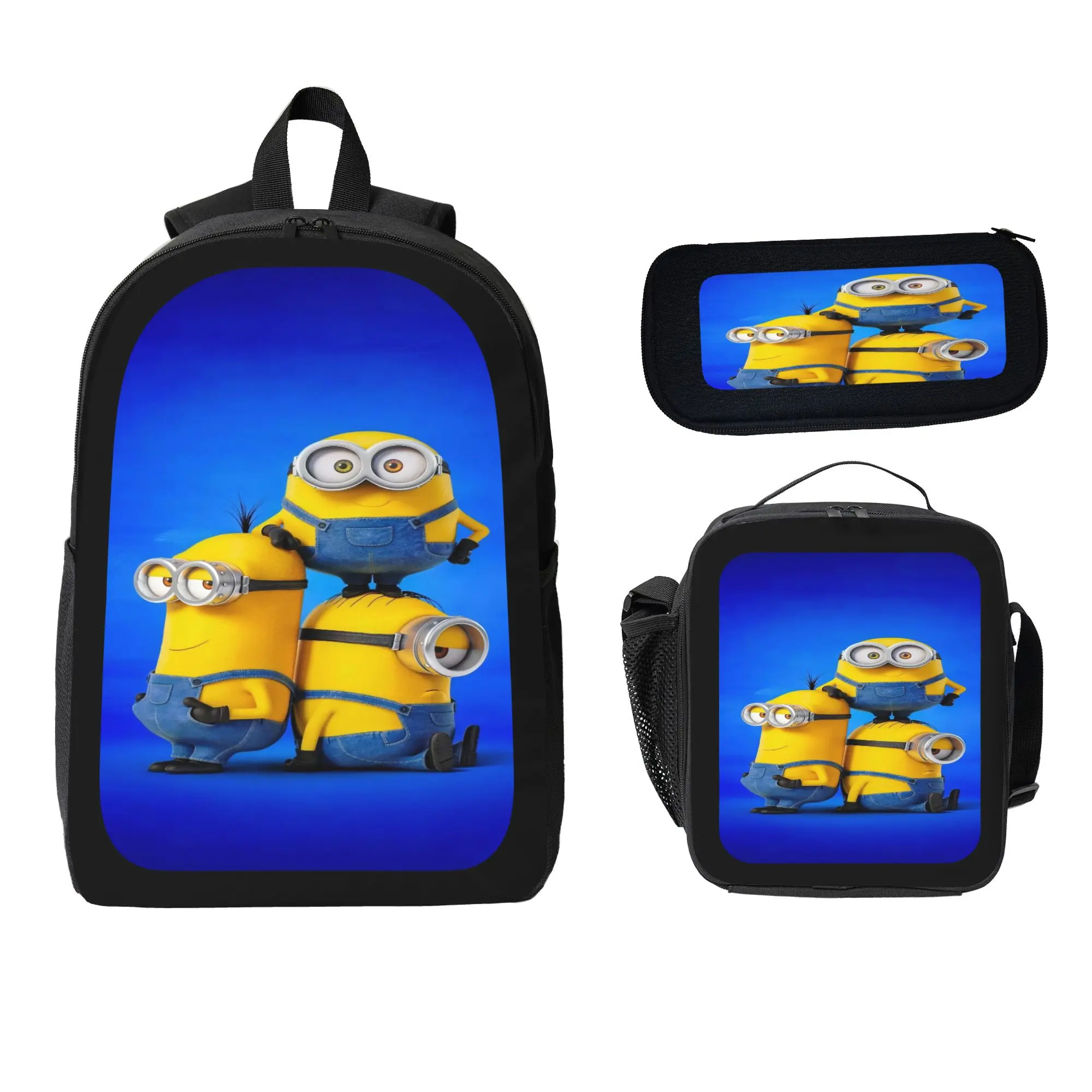 Mini-ons 3pcs Backpack Set School Backpack, Pencil Bag, Lunch Box - Lightweight Durable Polyester Ideal for Zoo Park Trip Holiday