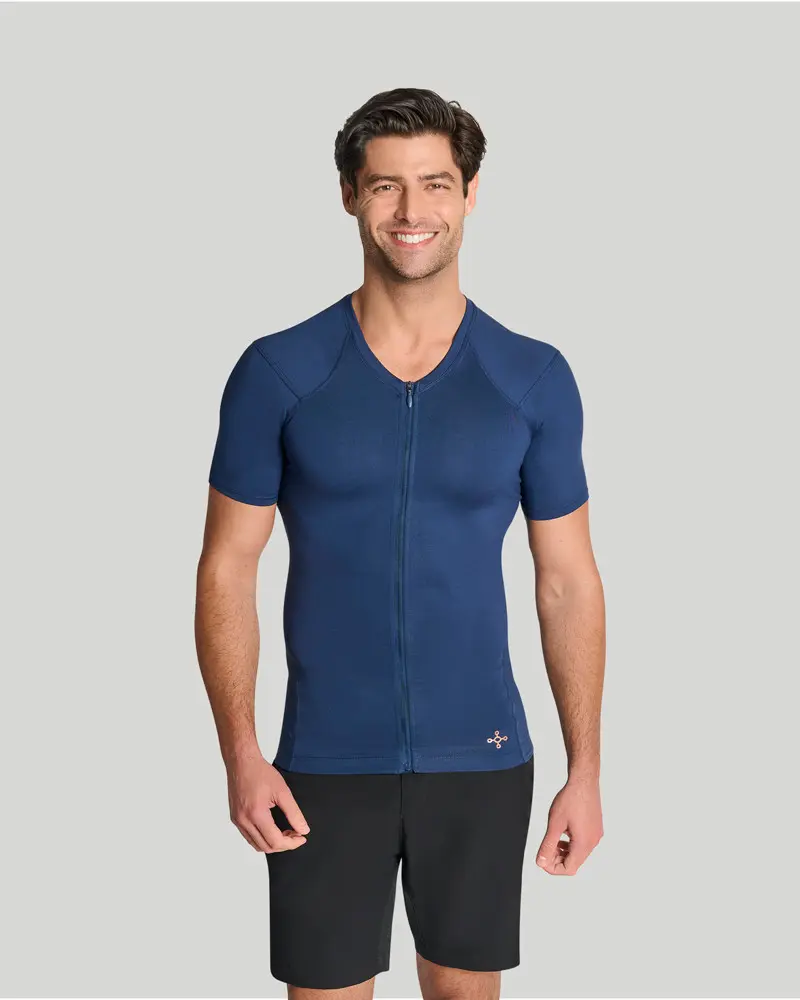 Tommie Copper Men's Short Sleeve Full Back Support T-Shirt - Workout Garments with Spandex Fabric, Zipper Detail, Reinforced Hem, Shortsleeve, Mesh, Sweat, Layer, Compression