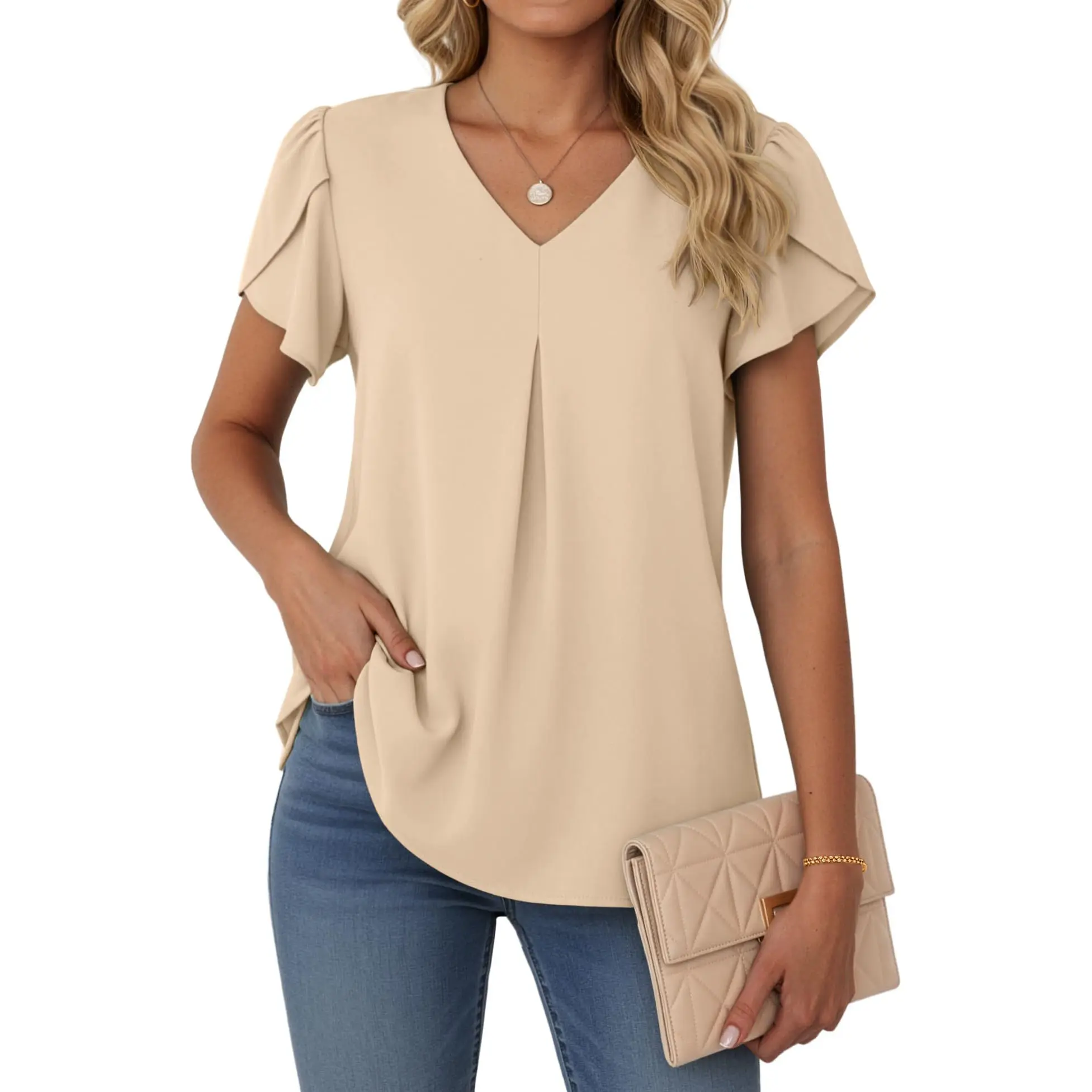 Lepunuo Womens Spring Tops Summer Dressy Casual V Neck Short Sleeve Blouses Flowy Shirts Business Work Tunic Tops