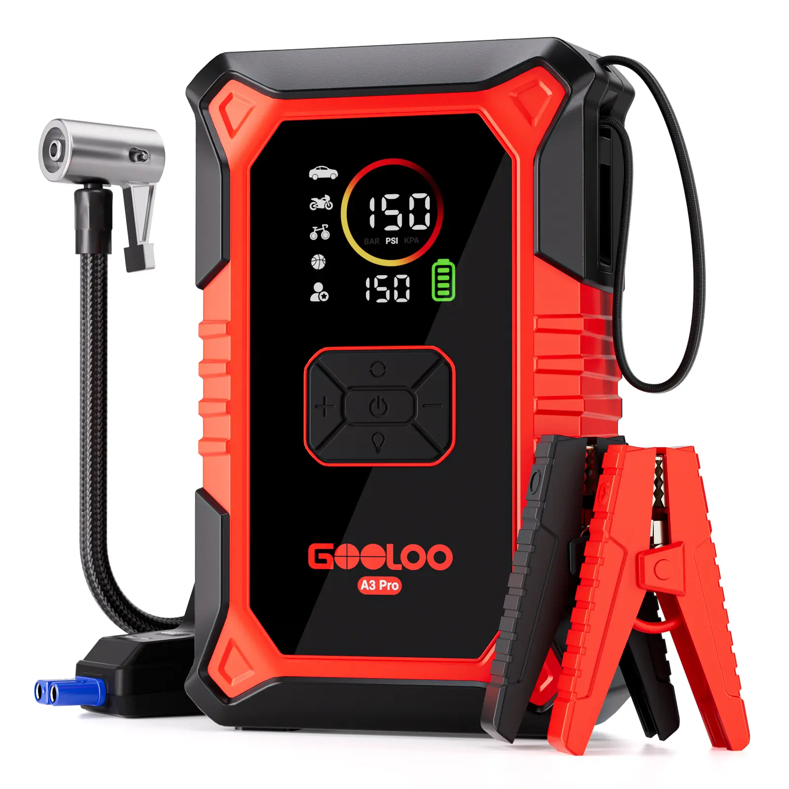 GOOLOO A3 Pro, 3000A Portable Air Compressor with 150 PSI Display and Red Clips for Vehicle Tire Inflation, 12V 9.0L Gas and 6.5L Diesel, 30W Fast Charger, 12000mAh