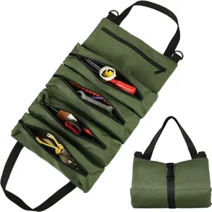 Tool Bag,Large Roll Up Tool Bag Organizer,Multifuctional 5 Pockets Tool Roll Storage Pouch,Heavy Duty Portable Tool Storage Carrier Bag for Men,Mechanic,Electrician & Hobbyist,Army Green