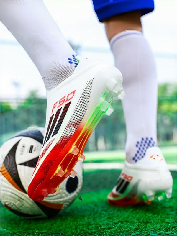 Unisex White-Blue-Orange Gradient Laceless Firm Ground Soccer Shoes: Competitive Pro Style, Knit Breathable Upper, Anti-Twist Midsole, Transparent Stud Grip. Ideal for official matches/professional training.