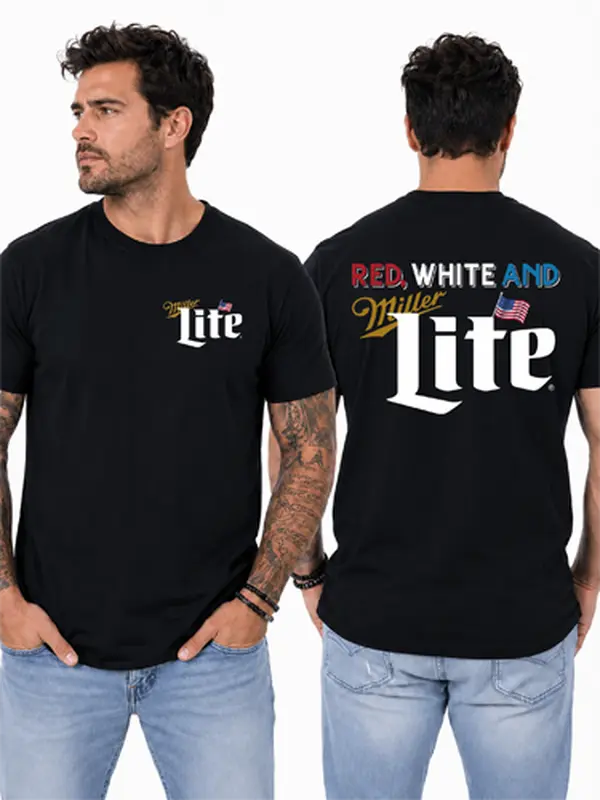 The Red White And Miller Lite T-shirt, featuring a patriotic American flag and beer, is a T-shirt for beer lovers and proud Americans, a perfect gift idea for Independence Day on July 4th.