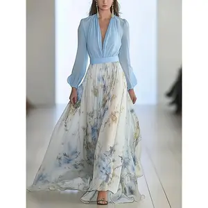 Women's Elegant Printed Chiffon Dress - Translucent V-neck Long Formal and Casual Dress, Soft Pink, Machine Washable A-line Women's Party Wedding Dress, Wedding Dress, Exquisite Fabric Design