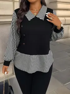 Elegant Plaid Patchwork Shirt for Women, Loose-Fitting Long Sleeve Blouse, Casual Spring & Fall Fashion, New Arrival